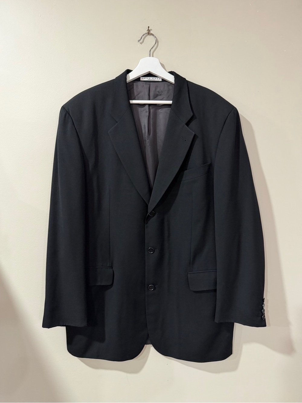 Vintage BOSS Hugo Boss Men's 44L Black Super 100 Wool Blazer Barneys 90s